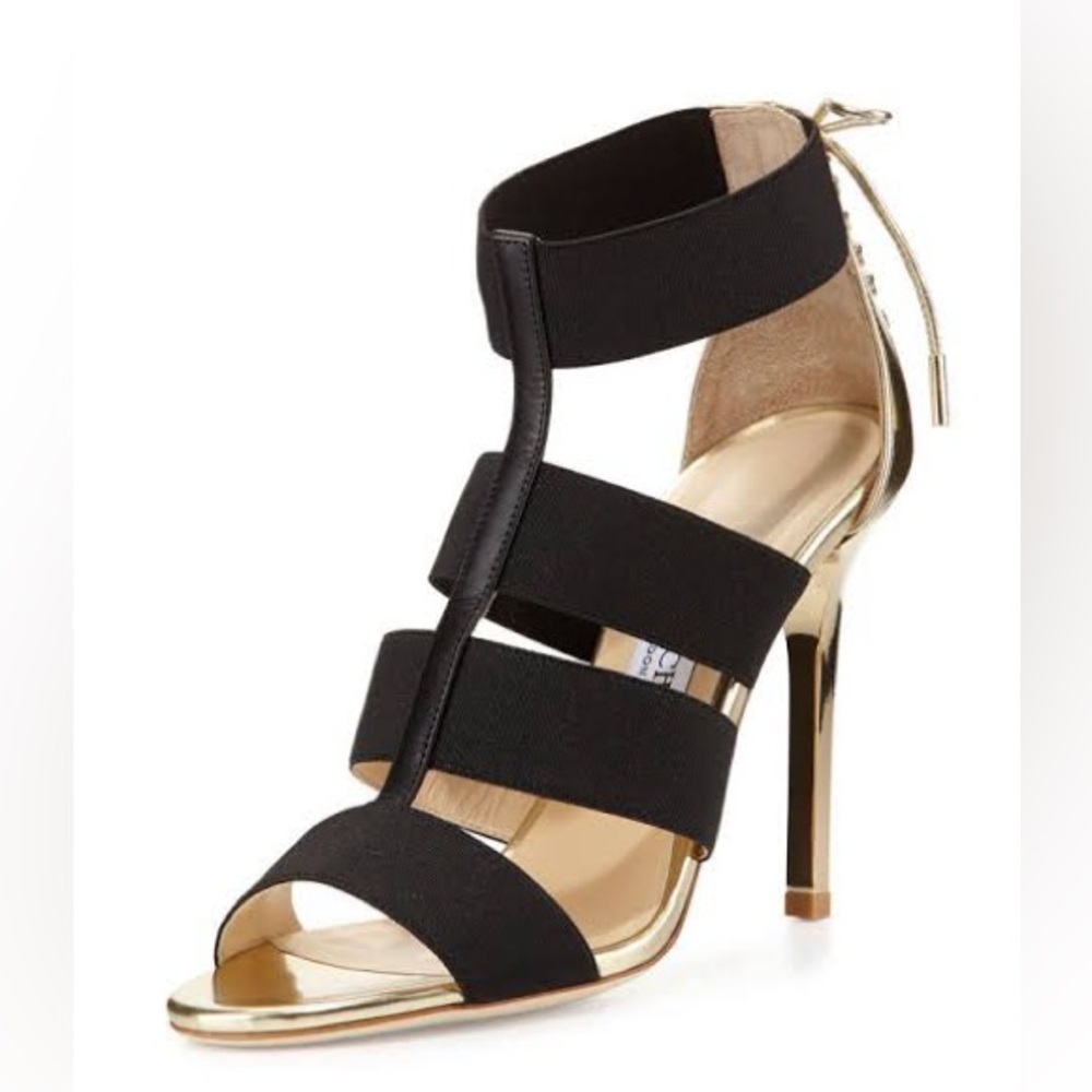 Jimmy Choo Dario Black/Gold Strappy High Heel Sandals - Women Size 37.5
